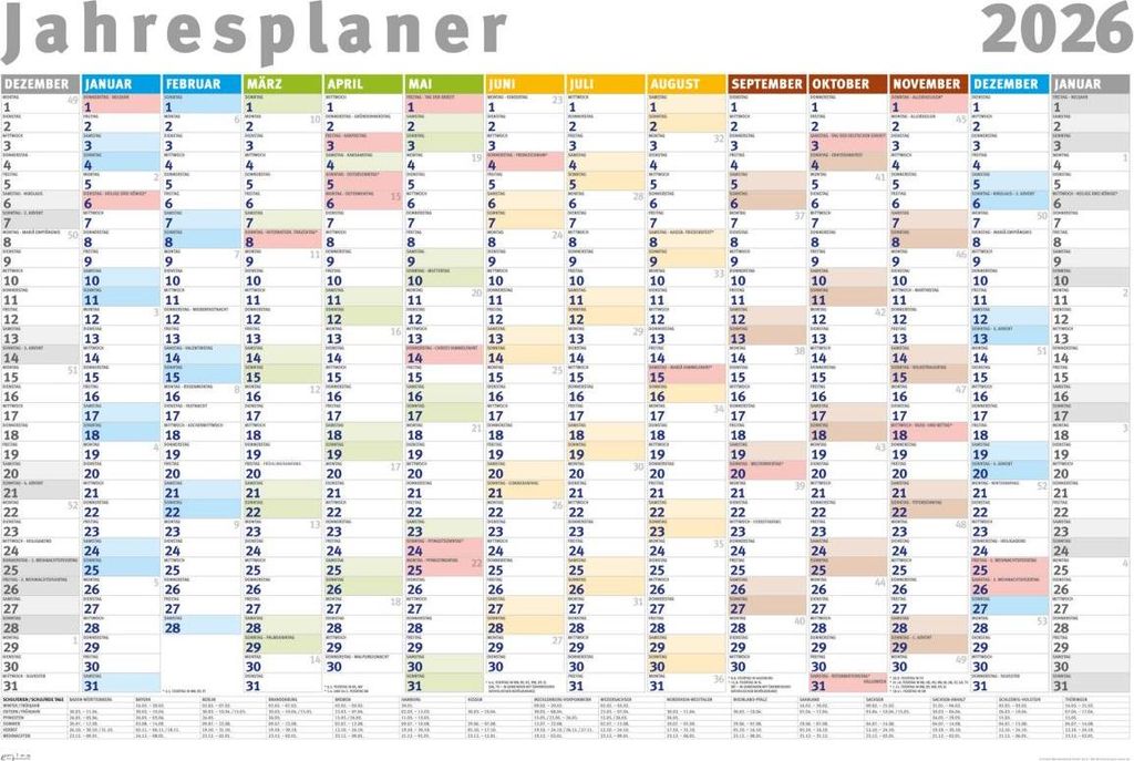 A wall calendar for the year 2026, showing all months and days in a grid format.