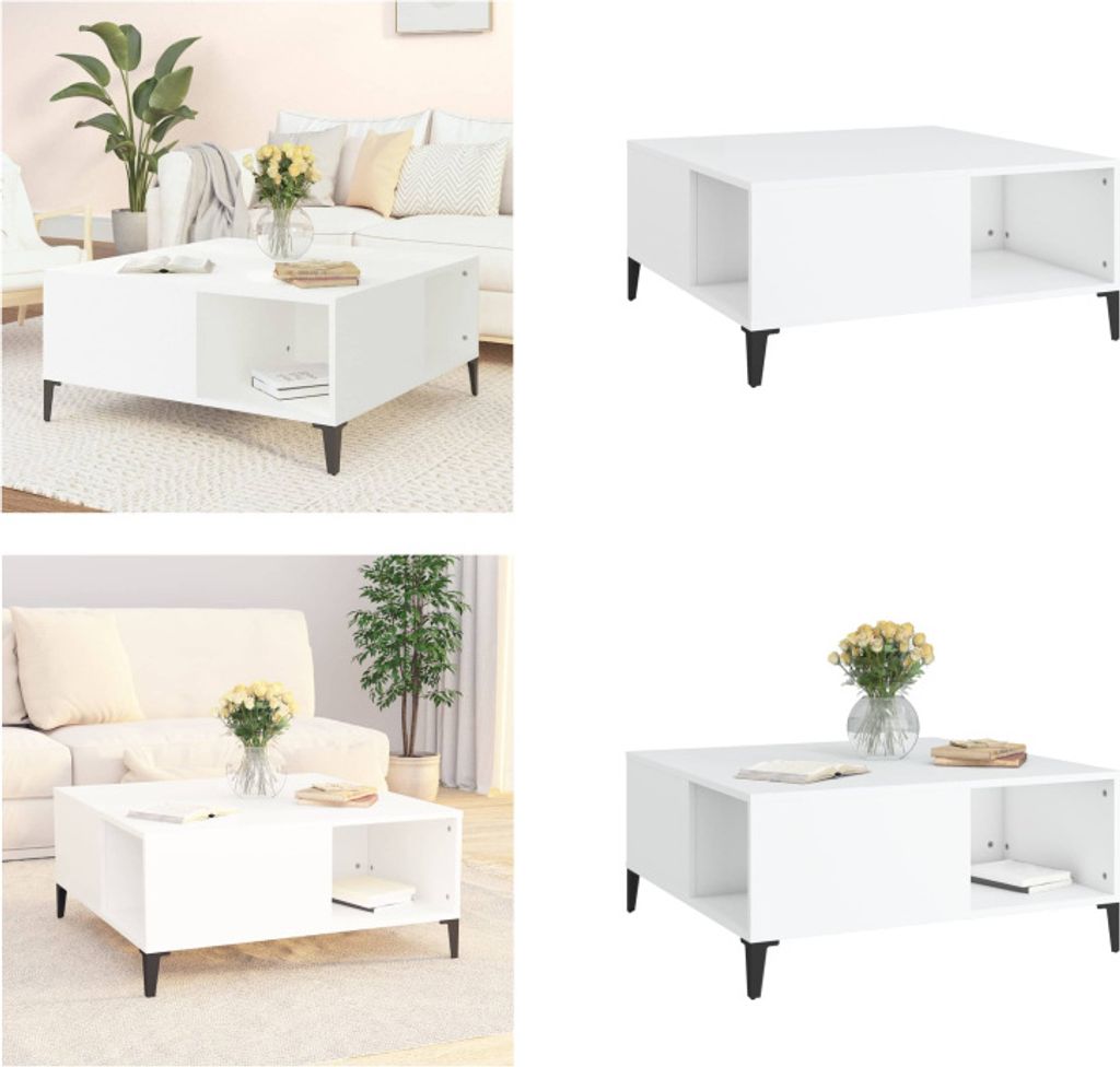 Collage of a white coffee table in different settings, including a living room and a plain background.