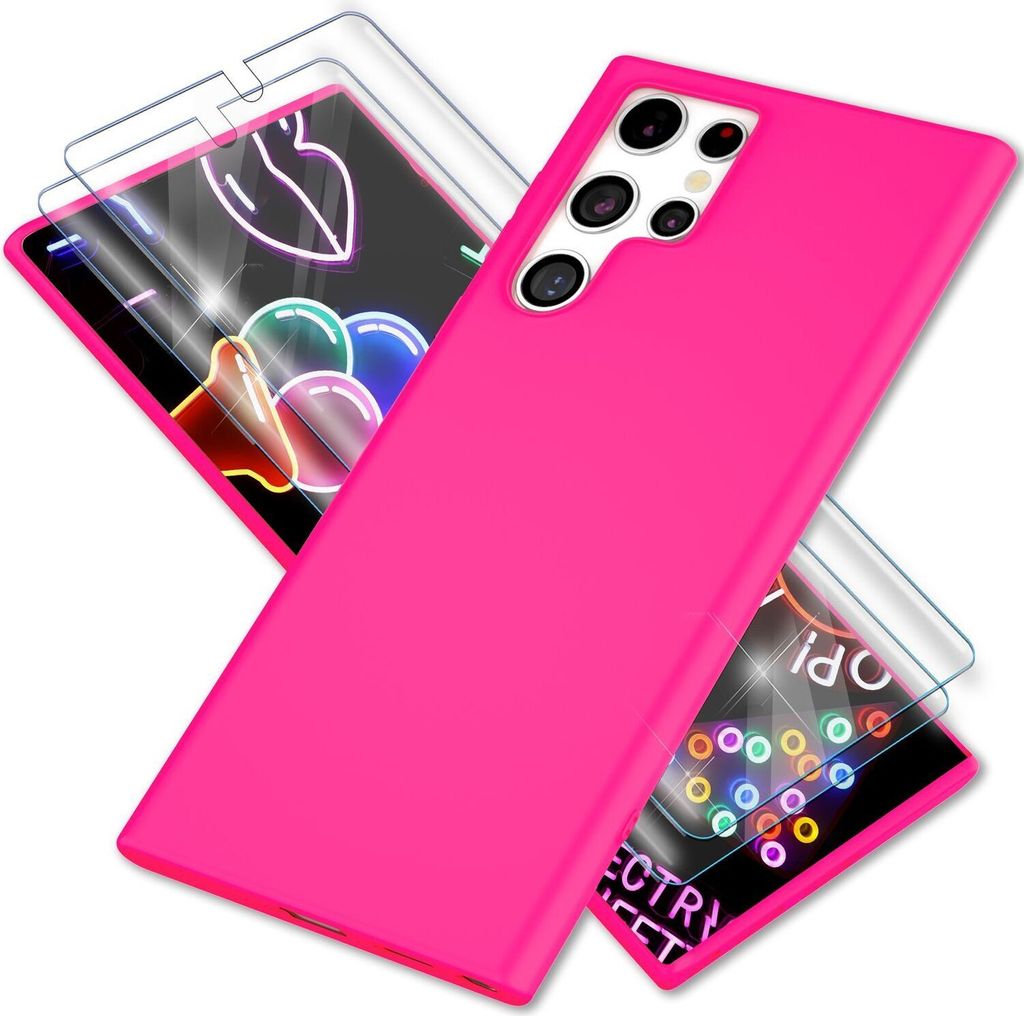 Bunte Neon Silikon Hülle für Samsung Galaxy S23 Ultra, 2x Displayschutz Pink