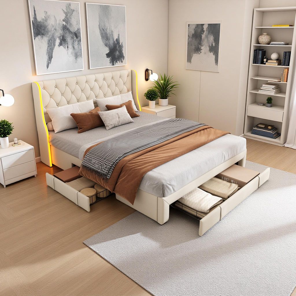 140 x 200 cm großes Bett aus beigefarbenem Samt mit integrierten Lampen, 3 Metallschubladen und Flügelkopfteil – Elegantes Design und viel Stau...