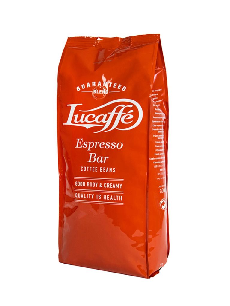 A bag of Lucaffé Espresso Bar coffee beans against a white background.
