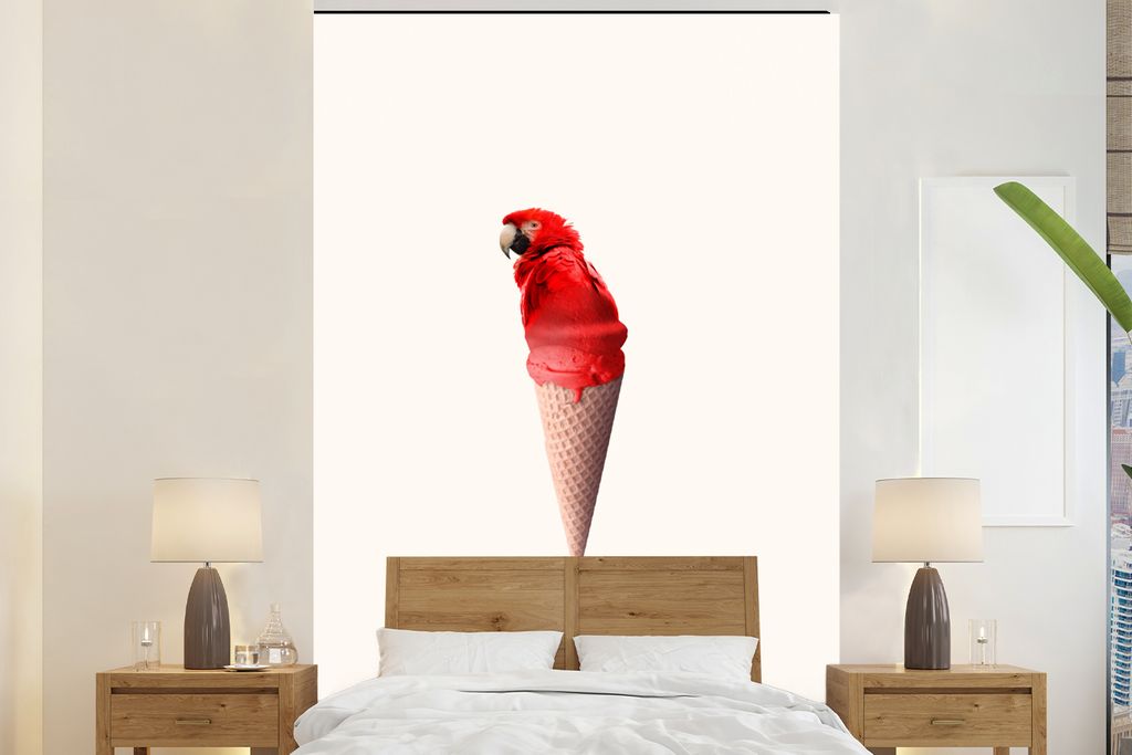 MuchoWow Fototapete für Wohnzimmer oder Schlafzimmer Wandtapete Vinyl Motivtapete Eiscreme - Papagei - Rot - Eistüten - Weiß - 155x240 cm - Ta...