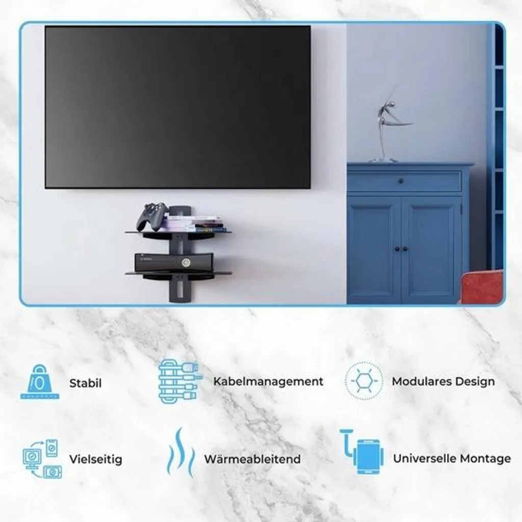 Support Mural TV avec Double Tablette en Verre Noir Réglable JustValue - 3