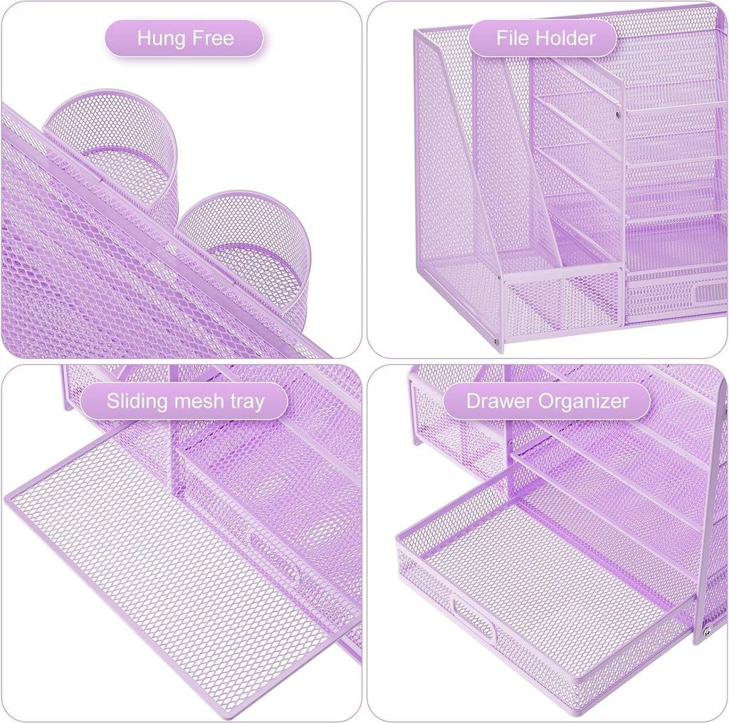 Büro Organizer mit Schublade und Stifthaltern - Zeitschriftenhalter - 1 Stück - Lila - Metall