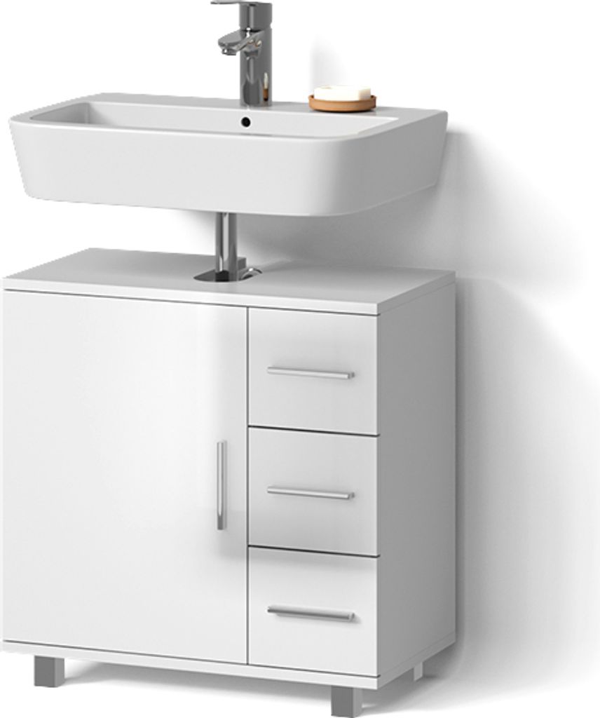 A white bathroom vanity with a sink and faucet.