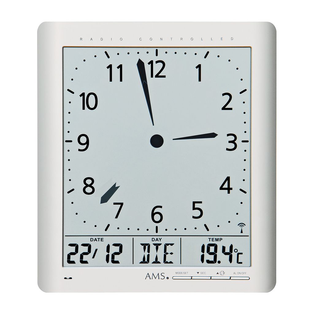 AMS Funk-Wanduhr, Funkwerk mit analoger Zeitanzeige und digitaler Anzeige von Zeit Datum Wochentag Temperatur, 21x24x3cm, 5898
