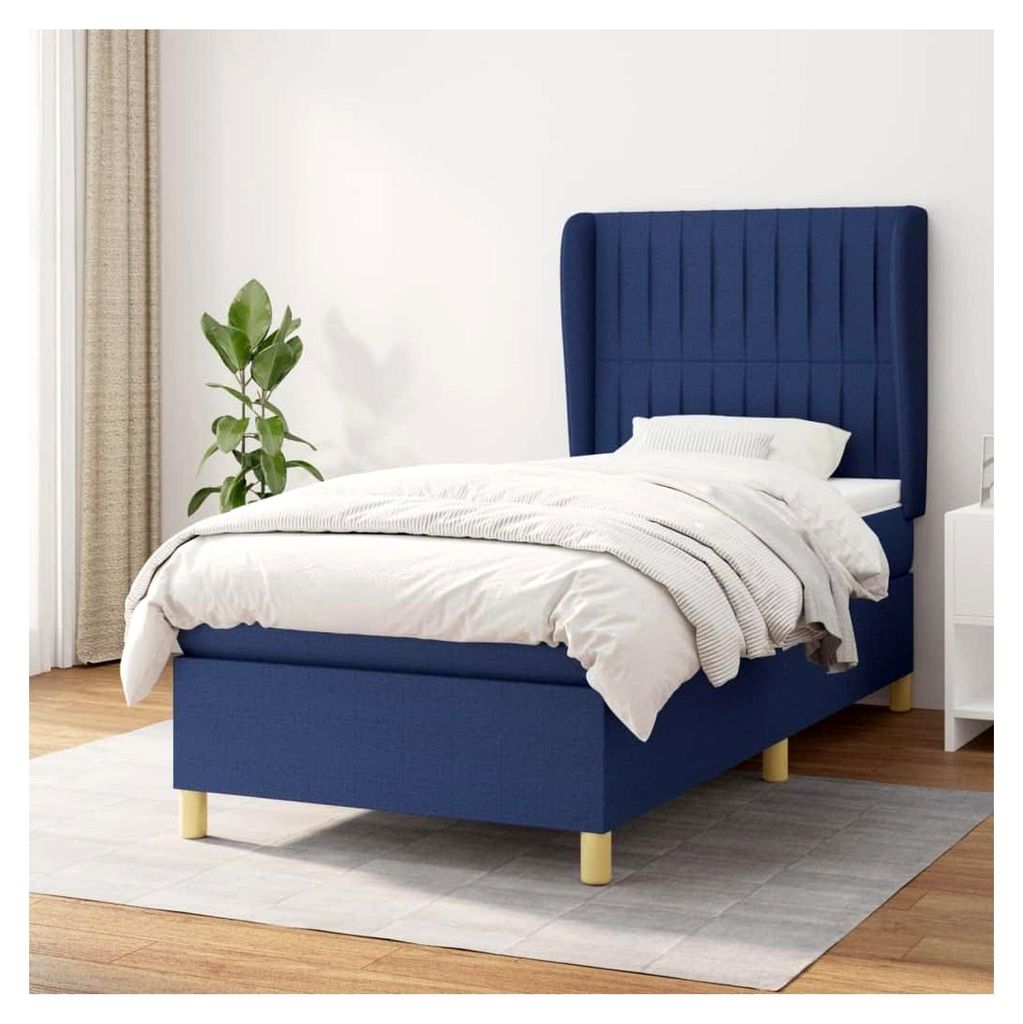 Lattenrost mit Matratze, blau, 90 x 190 cm, Stoff, Plattformbett, mit Lattenhalter, einfache Montage, für Schlafzimmer, Erwachsene