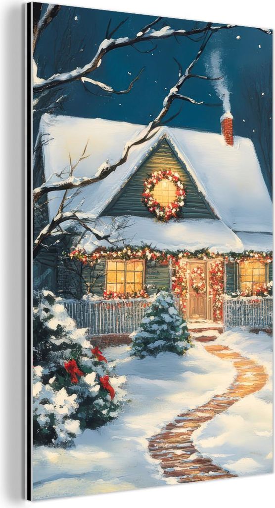 MuchoWow Wanddekoration Metall Metallbild Wandkunst 40x60 cm Weihnachten - Weihnachtsbaum - Winter - Zuhause - Schnee MuchoWow Aluminium Gemälde -...