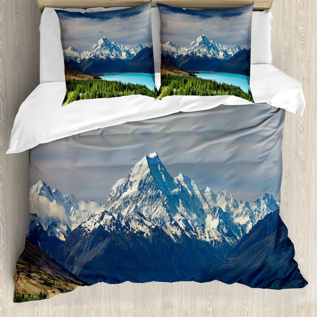 ABAKUHAUS Landschaft Bettbezug, Mount Cook Pukaki See, Milbensicher Allergiker geeignet mit Kissenbezügen, 155 cm x 220 cm - 80 x 80 cm, Blau Wei...