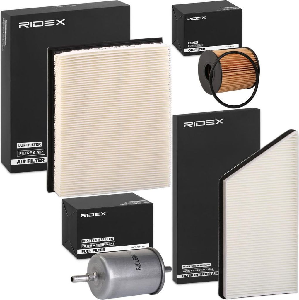 RIDEX Filterset Inspektionspaket Filtersatz für AUDI A5 Sportback (8TA) passend für PEUGEOT 206 Schrägheck (2A/C) 206 CC (2D) 206 SW (2E/K) für...