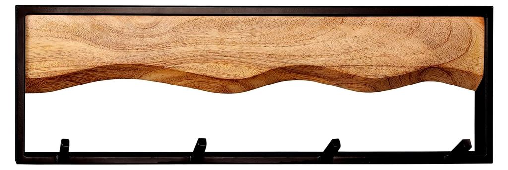 Massive Wandgarderobe Amazonas 60 cm aus Mangoholz und schwarzem Metall mit 4 Kleiderhaken