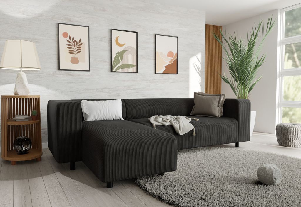 S-STYLE MÖBEL - Malin - Modernes Ecksofa mit Ottomane aus Schwarz Cord-Stoff mit bequemem Sitz - Ottomane links