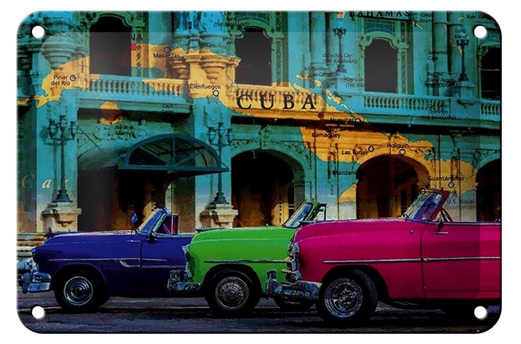 Blechschild Spruch 18x12cm Cuba Karte 3 Autos
