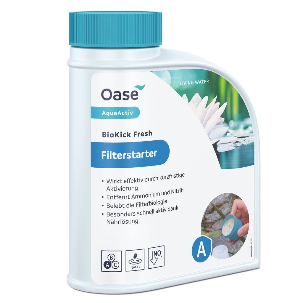 OASE 43145 AquaActiv BioKick Fresh 500 ml für 10.000 l - Filterbakterien/ Starterbakterien für Teich, Fischteich, Gartenteich, Schwimmteich, Silber