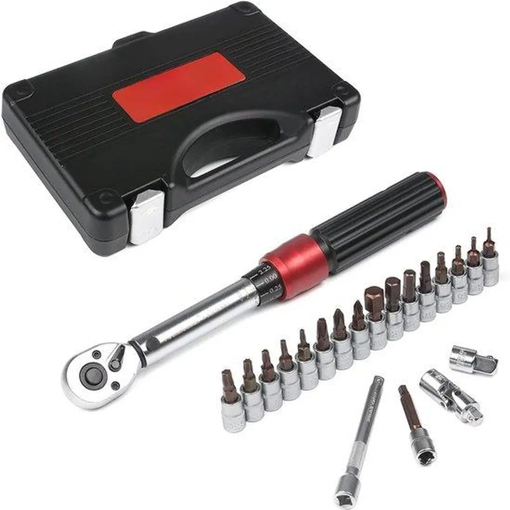 Clé dynamométrique 1/4" 5-30 Nm avec engrenage 90° et kit 15 pièces