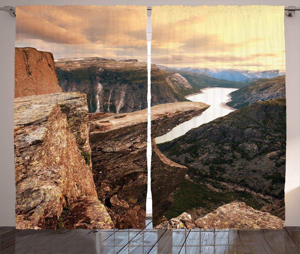 ABAKUHAUS Berg Rustikaler Vorhang, River Canyon Norwegen, Wohnzimmer Universalband Gardinen mit Schlaufen und Haken, 280 x 175 cm, Braun Grün