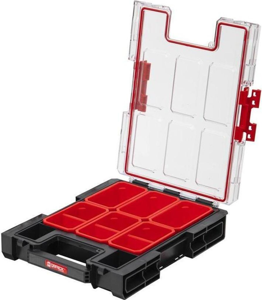 QBRICK Sortimentskasten ONE M | HxBxT 26,5x36,5x7cm | 6 Fächer | 2,5 Liter | Mit Deckgriff | Mit Klemmverschlüsse | Schwarz | Werkzeugbox, Sort...