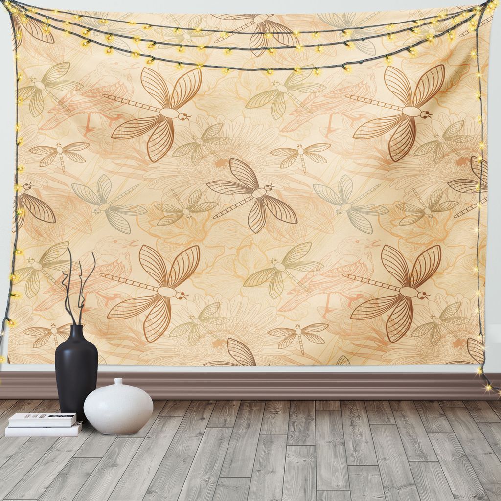 ABAKUHAUS Sahne Wandteppich, Vintage Vögel Libellen, Wohnzimmer Schlafzimmer Heim Seidiges Satin Wandteppich, 200 x 150 cm, Creme