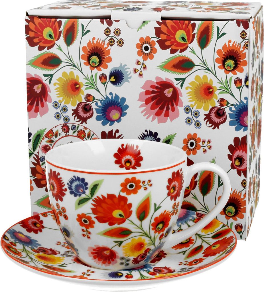 DUO ETNO 33991 Tasse 250 ml mit Untertasse ŁOWICZ mit Untertasse, New Bone China Porzellan