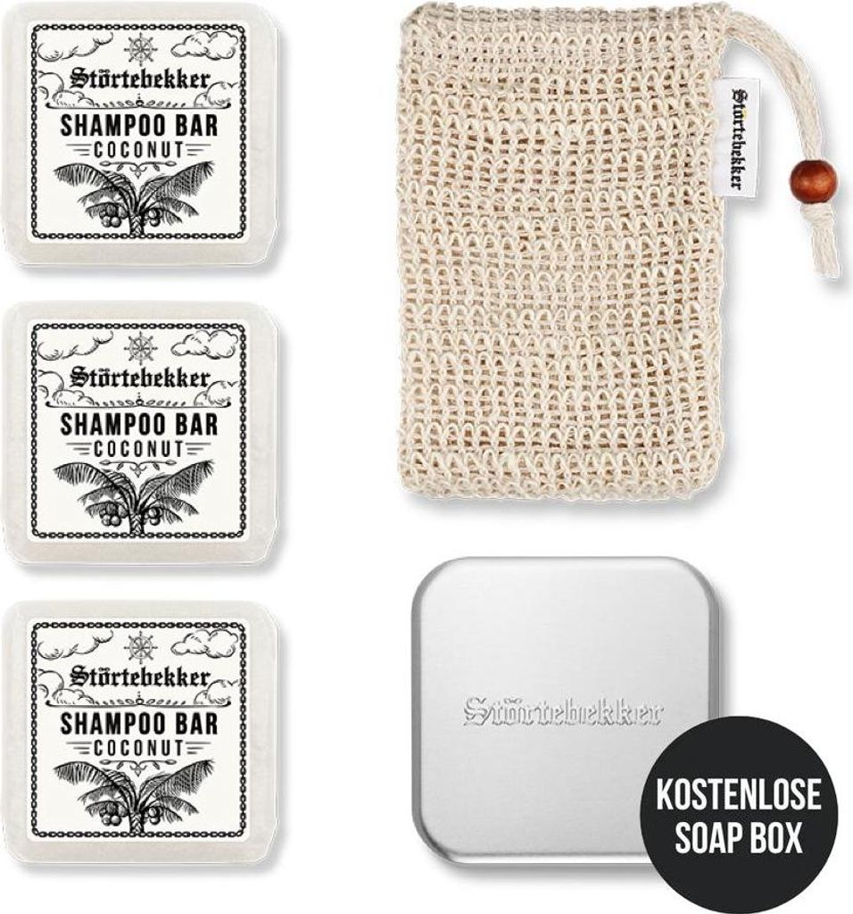 Störtebekker Duschset - 3 x festes Shampoo (Kokos), Sisalsäckchen und GRATIS Seifendose - für die tägliche Pflege - Haar, Körper & Gesicht