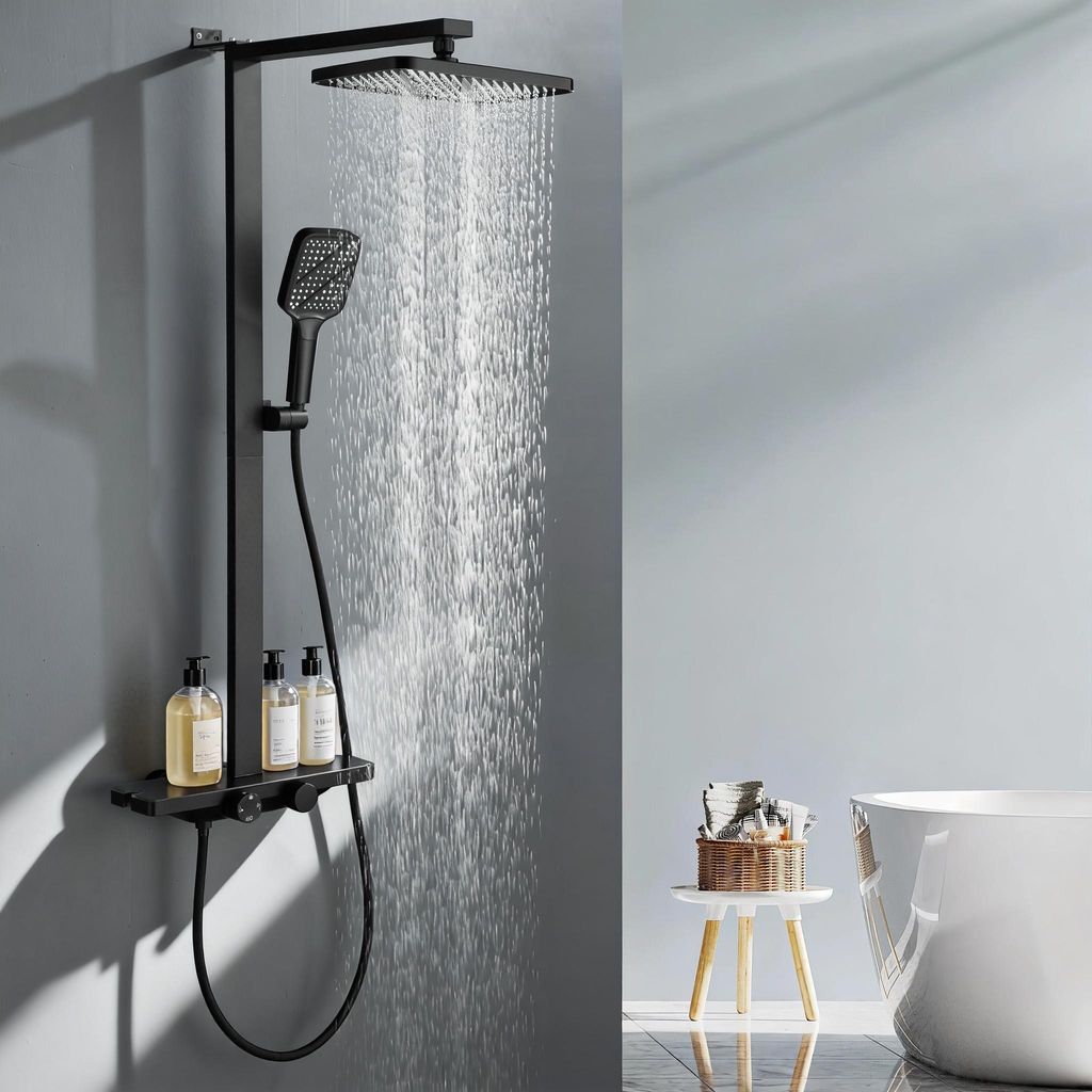 Duschsystem mit Thermostat und Glasablage in Schwarz Matt,Brausegarnitur 3 Strahlart(en), 12 Zoll Regendusche, 3-Funktions-Handbrause