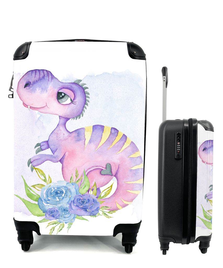 MuchoWow Koffer Handgepäck Trolley Rollkoffer Kleine Reisekoffer mit 4 Rollen - Lila - Dinosaurier - Mädchen - Kinder - Rosa - Cabin Size < 55x...