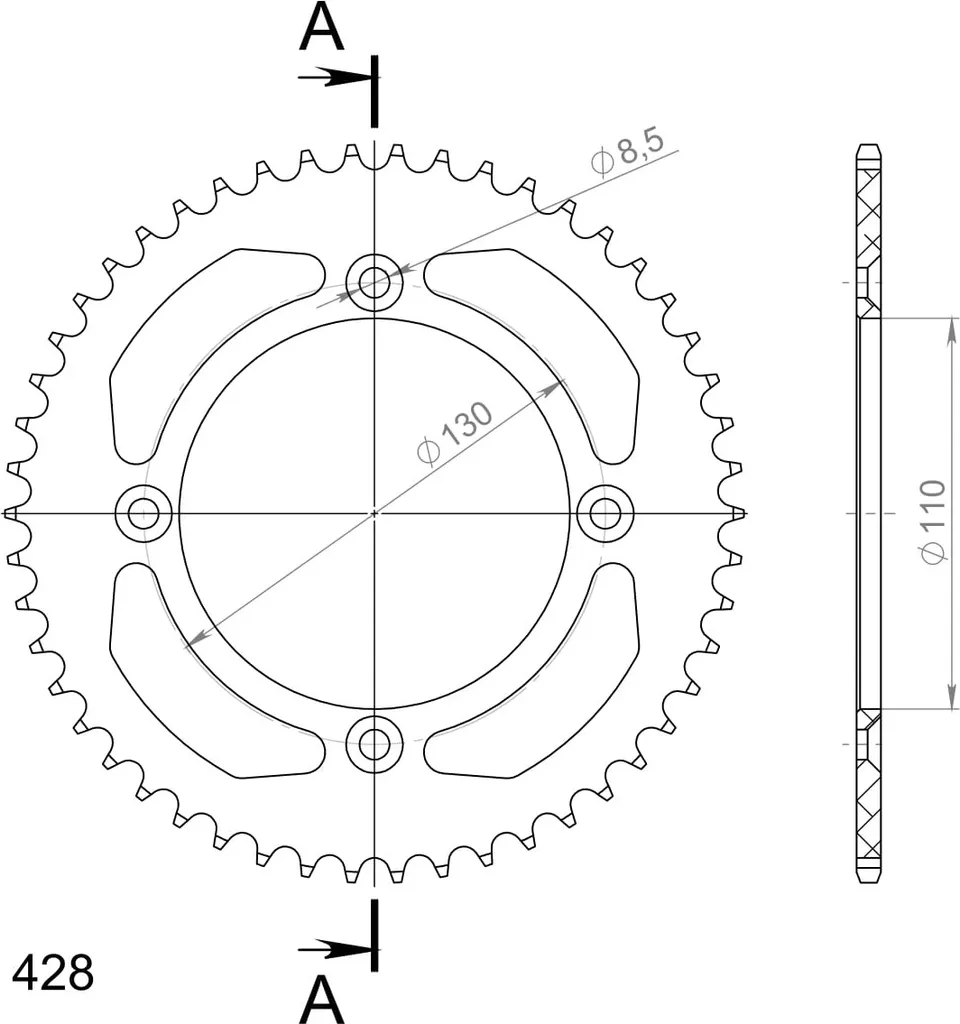 Couronne Alu Supersprox 50 Dents Noire 428 à 4 Trous Fixation