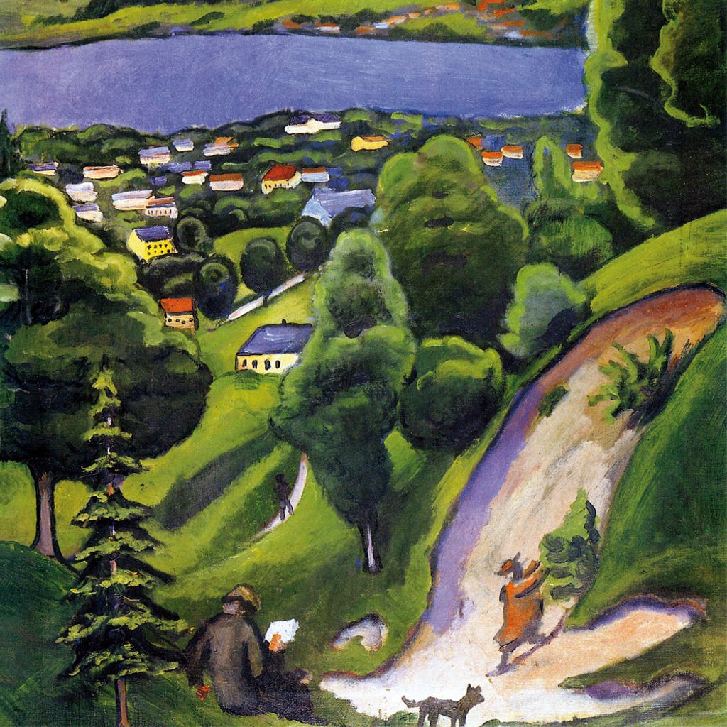 August Macke Kunstdruck Bild - Landschaft Am Tegernsee Mit Lesendem Mann Und Hund, Detail, 1910 (70 x 70 cm)