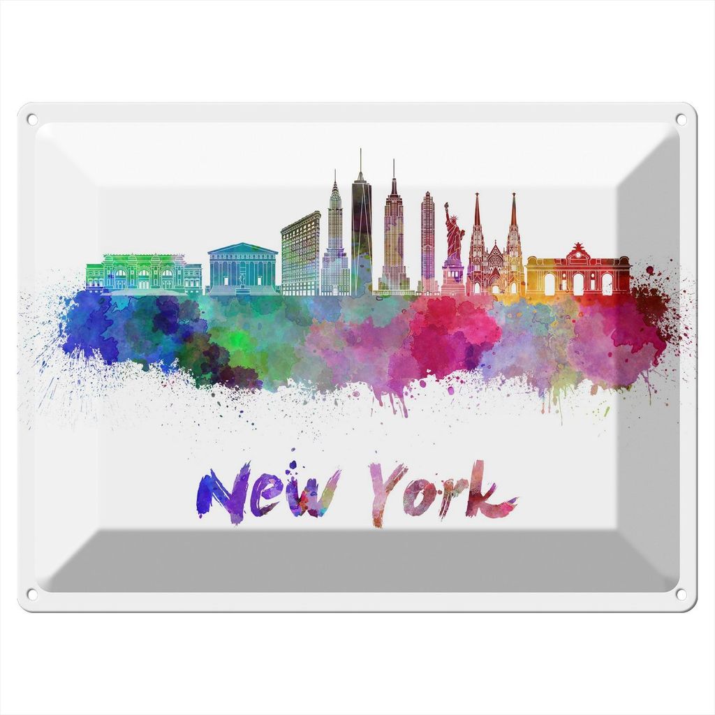 Wallario Blechschild Wandbild in : Brillante Farben, Größe 30 x 40 cm Motiv Städte als Aquarell - Skyline von New York