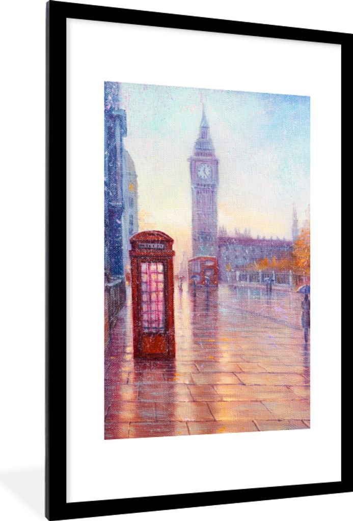 MuchoWow Gerahmtes Poster Malerei - Ölgemälde - London - Telefon 60x90 cm - Poster mit Schwarzem Bilderrahmen Wandposter Rahmen Foto Bilder - D...