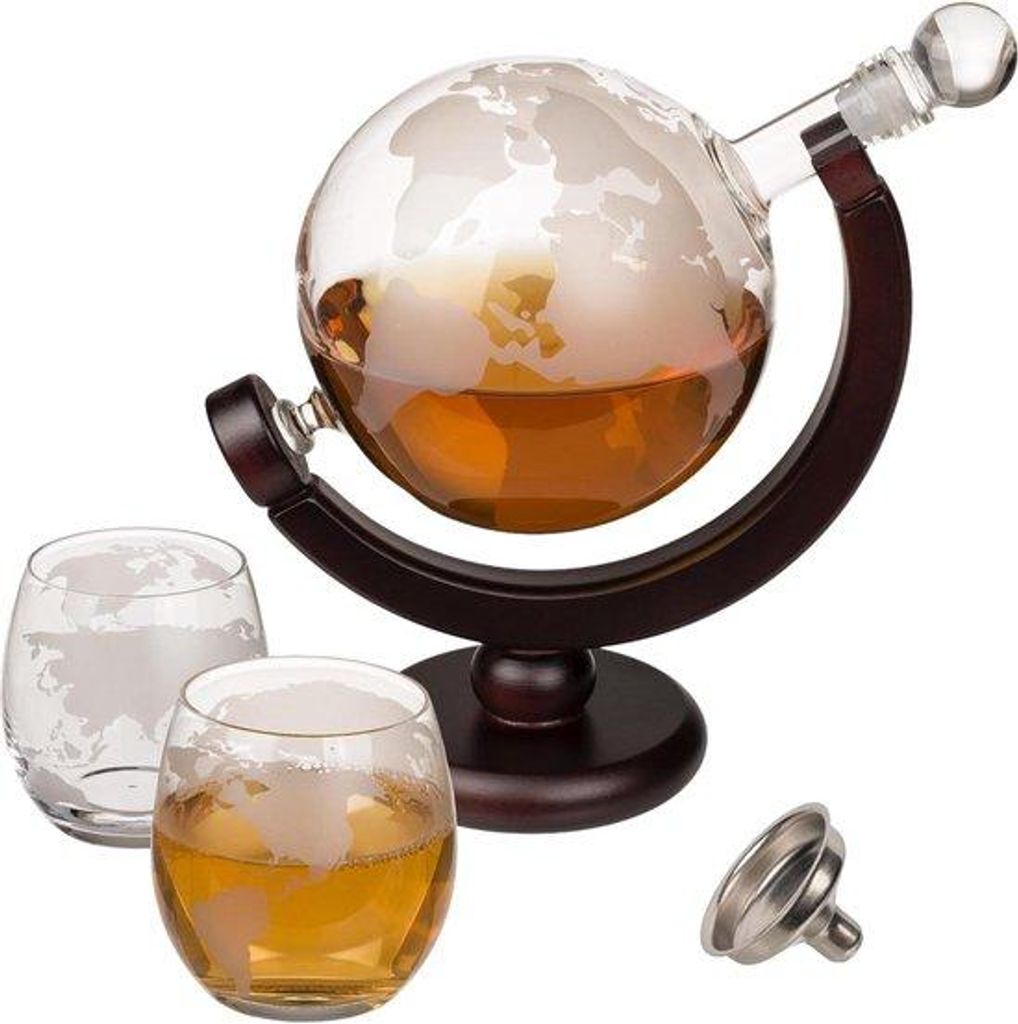 Weltkugel Whisky Karaffe 850ml Glas Edelstahl Luchtdicht