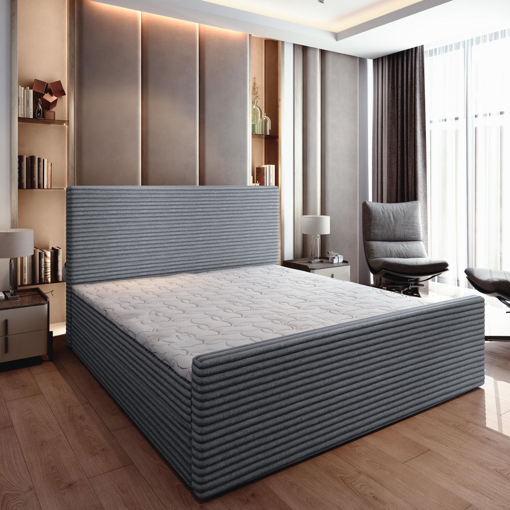 Masseno Boxspringbett BRENTO 140x200 cm Komplett-Set mit Bonell Matratze und Topper, Polsterbett mit Bettkästen -Grau, TILIA 85