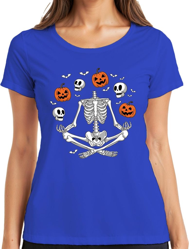 Halloween Skelett Yoga Meditation Kürbis Totenkopf Fledermaus Damen T-Shirt, Blau, S