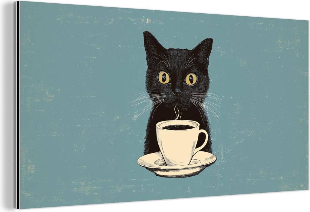 MuchoWow Wanddekoration Metall Metallbild Wandkunst 80x40 cm Katze - Schwarz - Kaffee - Minimalistisch MuchoWow Aluminium Gemälde - Wanddekoration...