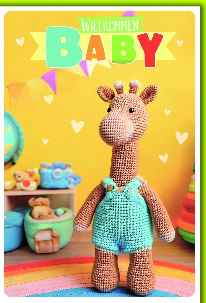 Baby gestrickte Giraffe stehend Geburt Willkommen Glückwunschkarte mit Umschlag