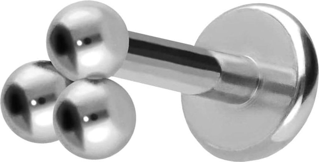 Ohrpiercing, Nasenpiercing Titan Labret mit Push Fit 3 KUGELN Silber Stablänge: 9mm | Stabstärke: 1,2mm