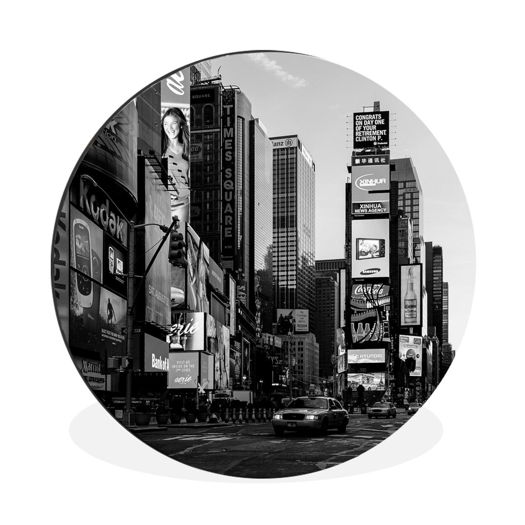 MuchoWow Aluminium Wandkreis Ansicht eines Taxis am Times Square in Schwarz-Weiß Ø 90 cm Wanddeko Modern Wohnzimmer - Mauerkreis - Wandbilder -...
