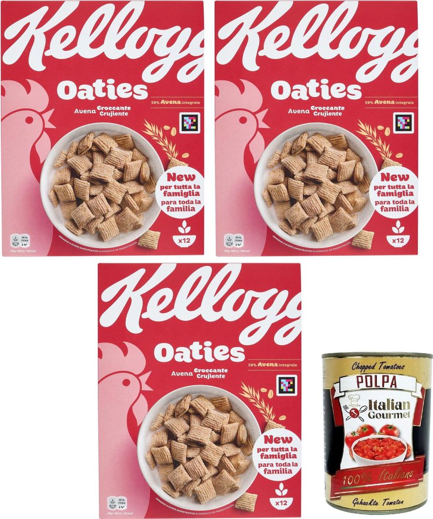 Kellogg's Oaties Original Avena croccante Knuspriger Hafer 3x 360gr + Italian Gourmet polpa 400g