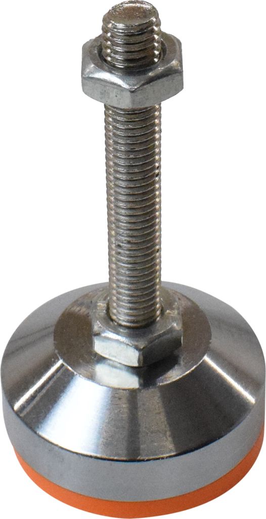 A single adjustable foot for machinery, made of metal with an orange rubber base.
