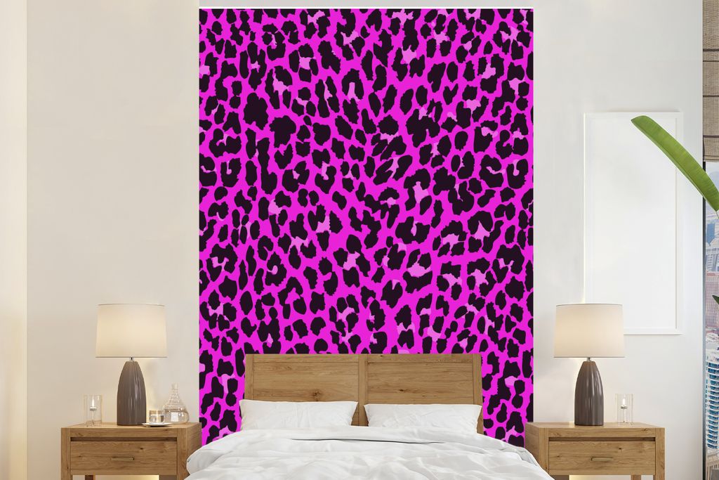 MuchoWow Fototapete für Wohnzimmer oder Schlafzimmer Wandtapete Vinyl Motivtapete Leopard - Pelz - Rosa - 155x240 cm - Tapete
