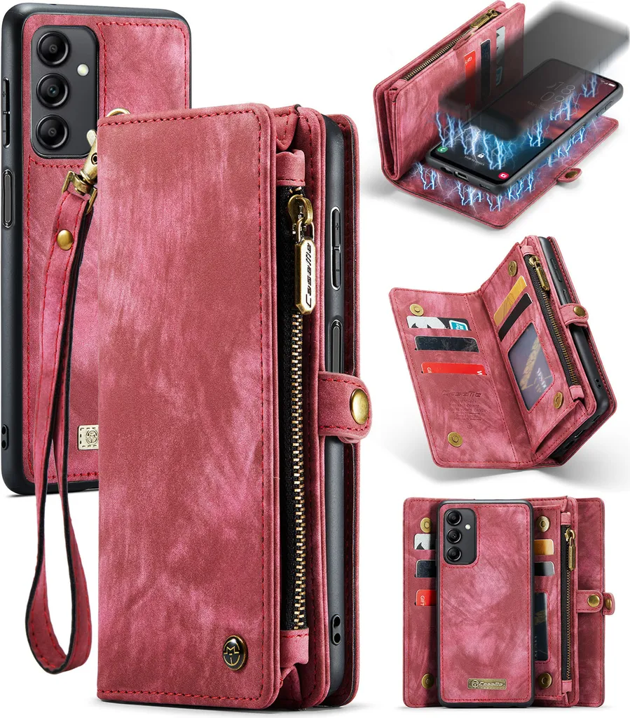 Custodia Samsung A14 5G Antifurto Pelle Rossa con Zip e Slot Carte