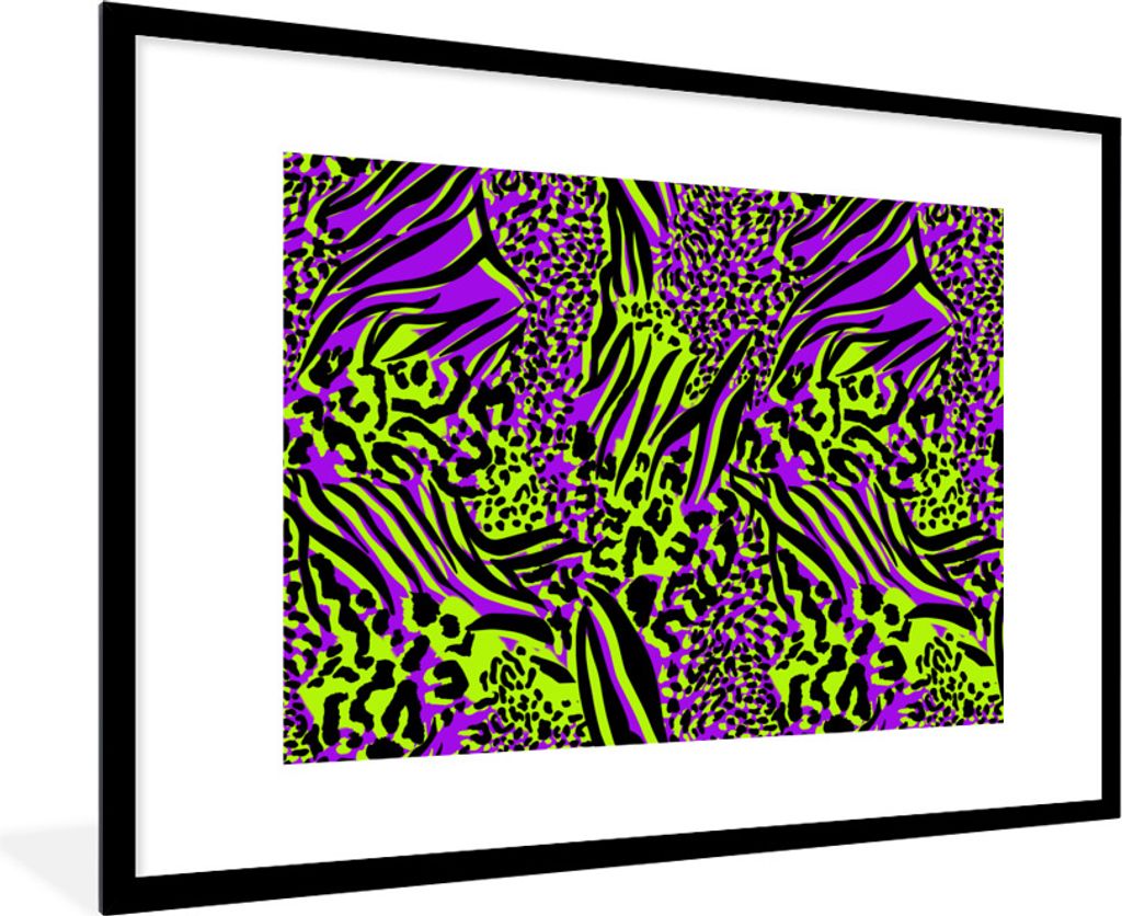 MuchoWow Gerahmtes Poster Tiermuster - Neon - Lila - Grün 90x60 cm - Poster mit Schwarzem Bilderrahmen Wandposter Rahmen Foto Bilder - Wanddekor...