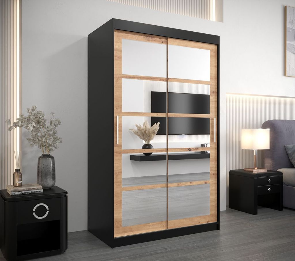 Kleiderschrank mit Spiegeln ANABEL – Breite 120 cm, schwarz/Eiche handwerklich gefertigt