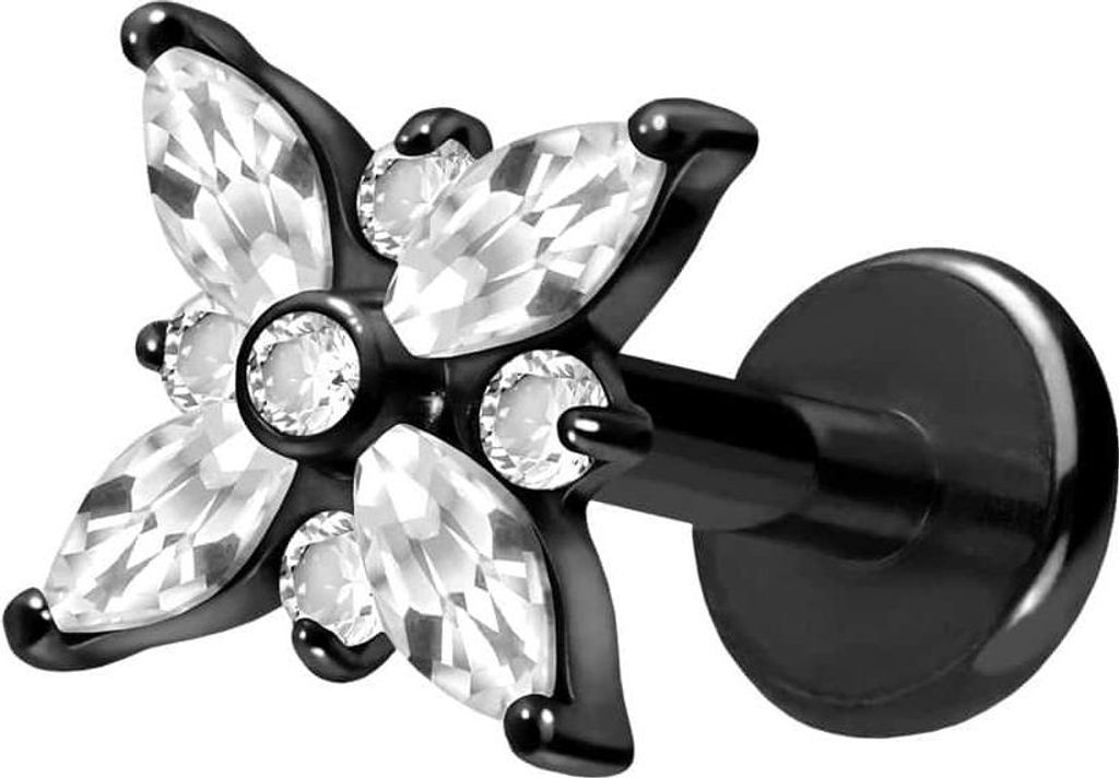 Ohrpiercing, Nasenpiercing Titan Labret mit Push Fit KRISTALLSTERN Schwarz Stablänge: 7mm | Stabstärke: 1,2mm