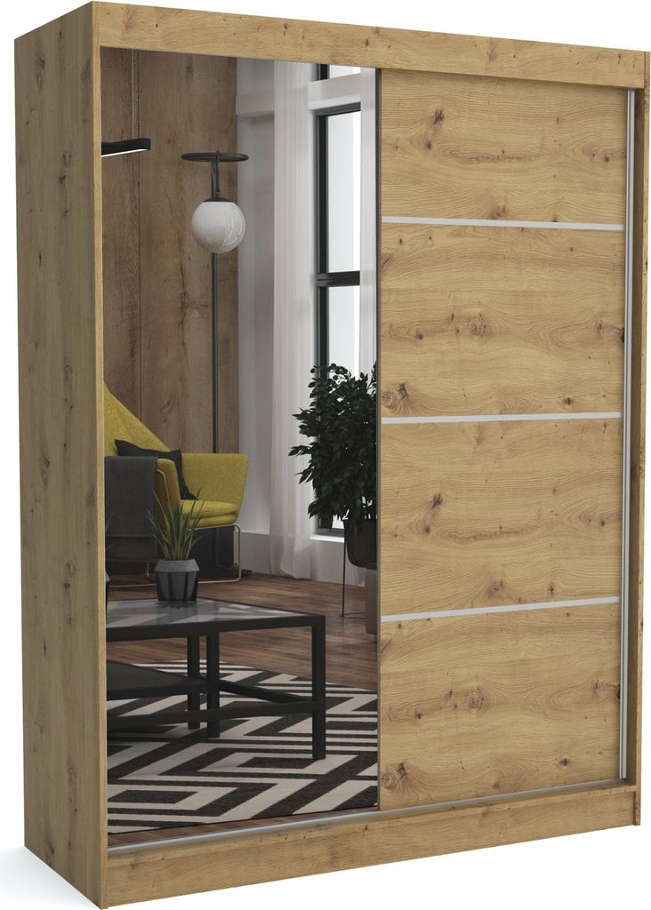 Brent - Kleiderschrank mit Spiegel Tom, Schlafzimmerschrank mit 1 Kleiderstange und Einlegeböden für Kleidung, 180x215x60 cm, Artisan Eiche