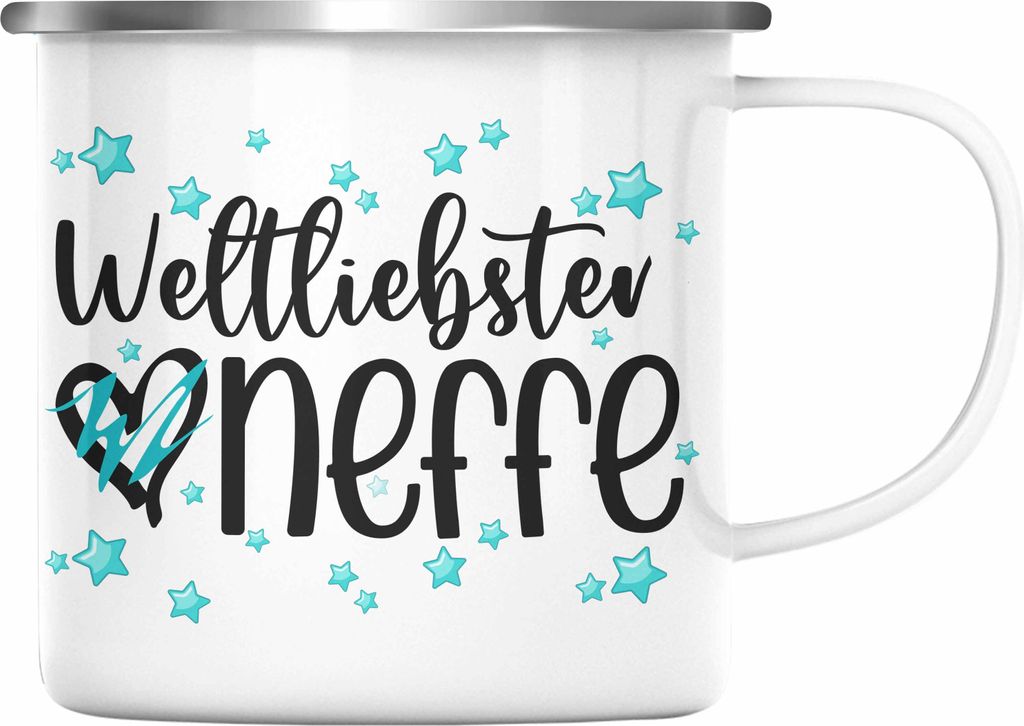 Trendation - Neffe Emaille Tasse Geschenk von Tante Onkel Emaille Emaille Tasse Geschenkidee Weltliebster Neffe (Silber)