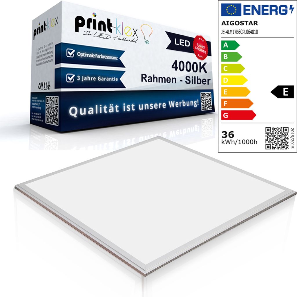 LED Panel Ultraslim 60 x 60 cm Einbauleuchte Lichtleuchte Strahler 36 Watt 3600 LM 4000K-Neutralweiß Rahmen Silber - Office Print Serie