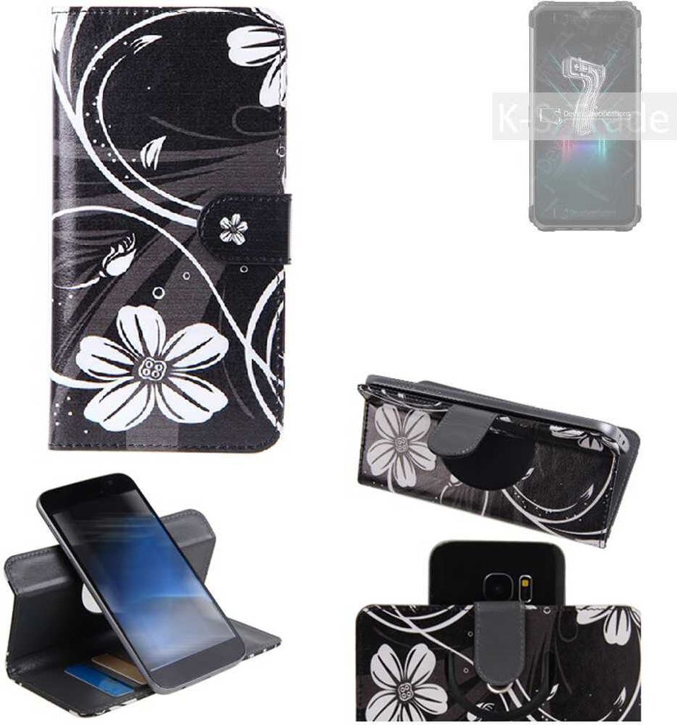 K-S-Trade Schutzhülle Handyhülle kompatibel mit Ulefone Armor 7 Hülle 360° Wallet Case ''Flowers'' Klapphülle Hülle schwarz-weiß 1x