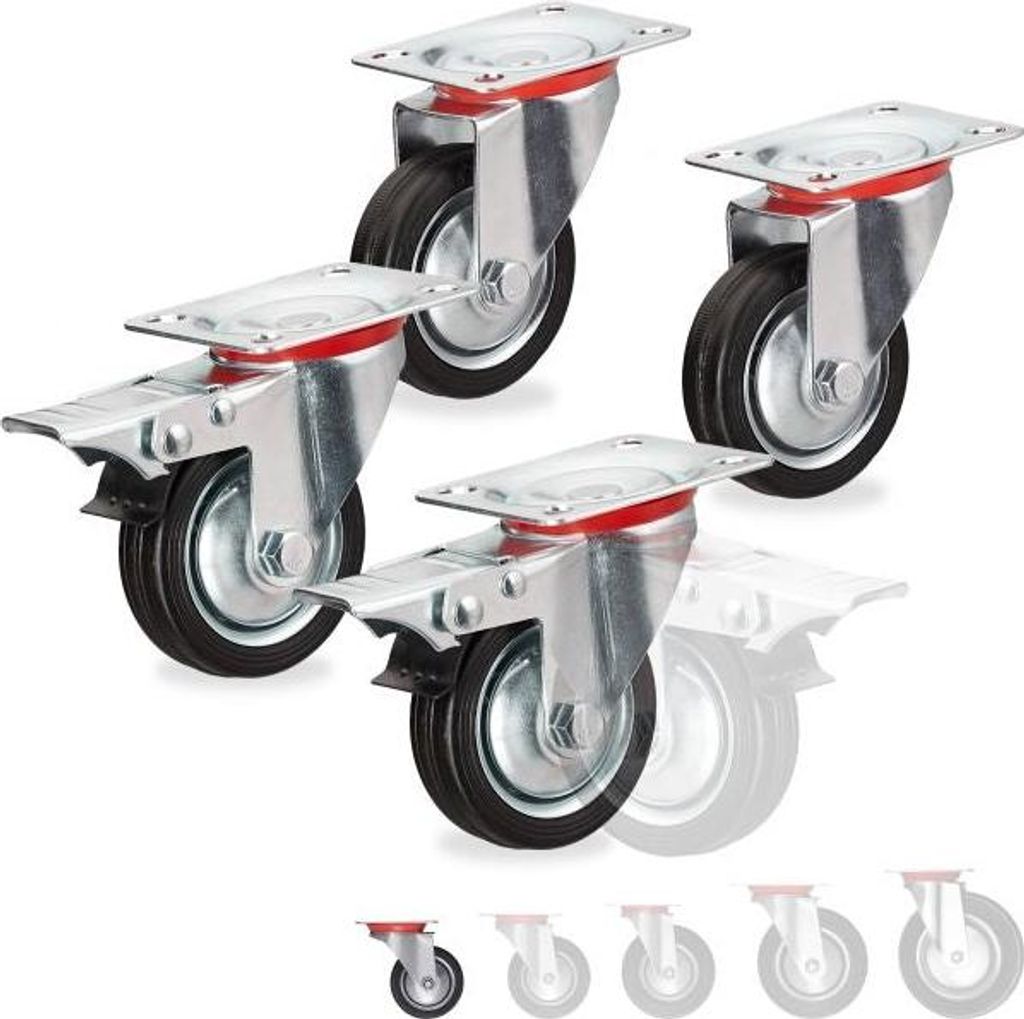 4er Set Schwerlast Transportrollen, 360° drehbar, mit Anschraubplatte, 2x Bremse