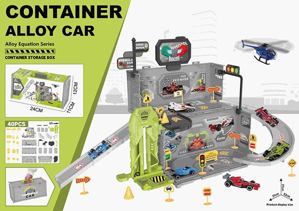 Container Autoparking mit Lift 40 Stück - Faltbare Parkgarage mit Zubehör - PitStop Spielzeug für Kinder